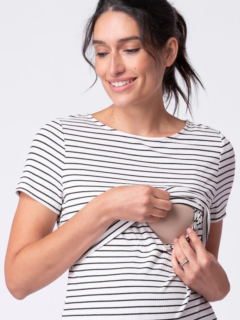 Seraphine Maternity Nursing Tee White Black Stripes Short Sleeve Shirt Size S